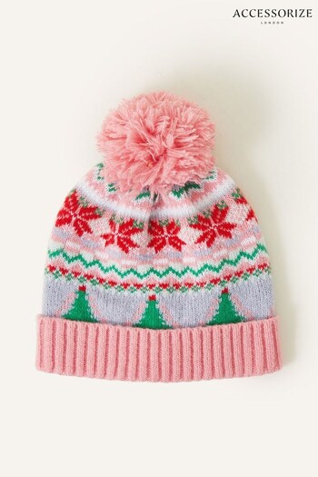 Accessorize Pink Christmas Fair Isle Beanie Hat (Q84671) | £12
