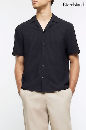 River Island Black Black Short Sleeve Seersucker Revere Shirt (Q84831) | £30