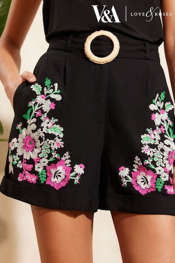V&A | Artificial Bags & Luggage Black Floral Embroidered Belted Shorts With Linen (Q84851) | £39