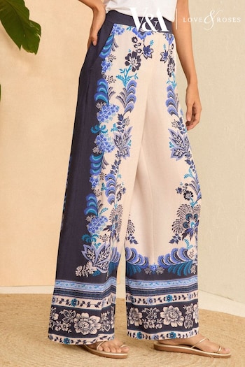 V&A | Artificial Flowers & Plants Blue Placement Print Wide Leg Trousers (Q84854) | £42