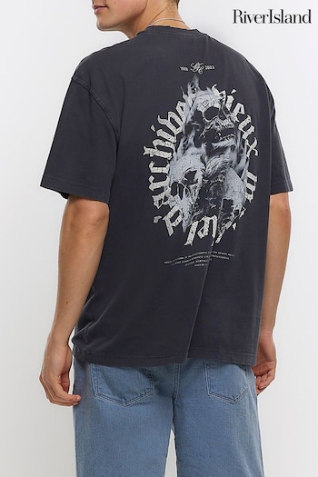 River Island Black OS Gothic Washed Skull T-Shirt (Q84855) | £27
