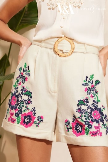 V&A | Cups & Mugs Ivory White Floral Petite Embroidered Belted Shorts With Linen (Q84873) | £40