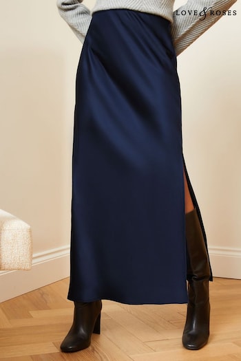 Love & Roses Navy Blue Satin Bias Cut Midaxi Skirt (Q84879) | £36