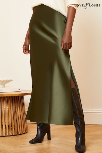 Love & Roses Khaki Green Satin Bias Cut Midaxi Skirt (Q84884) | £36