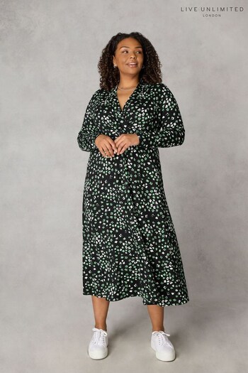 Live Unlimited Curve Green Ditsy Print Jersey Shawl Collar Midi end Dress (Q85215) | £59