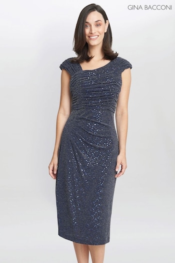 Gina Bacconi Blue Celia Metallic Knit Sleeveless Dress (Q85370) | £199