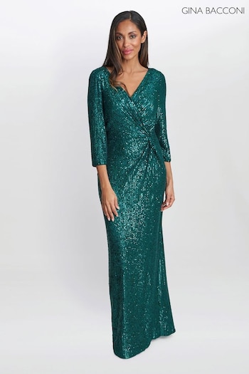 Gina Bacconi Green Jacynda Sequin 3/4 Sleeve Wrap Dress With Twist (Q85395) | £399