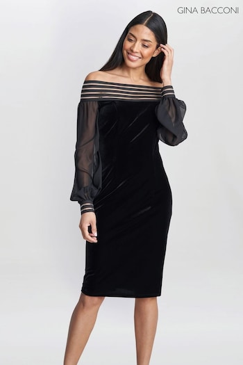 Gina Bacconi Taylor Velvet Off The Shoulder Black Dress (Q85397) | £199
