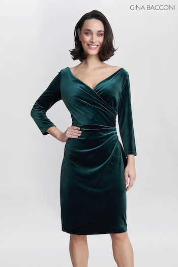 Gina Bacconi Green Zoe Velvet Wrap Dress (Q85401) | £240