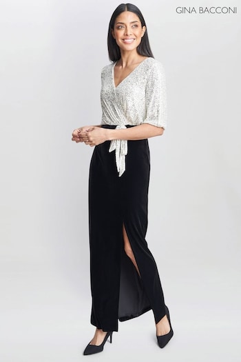 Gina Bacconi Matilyn Maxi Sequin Black Dress With Velvet Skirt (Q85405) | £340