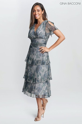 Gina Bacconi Blue June Midi Printed Dress With Tiered Skirt (Q85406) | £250