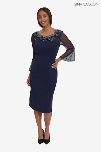 Gina Bacconi Blue Maurine Beaded Neckline Sheath Dress With Illusion Sleeves (Q85407) | £270