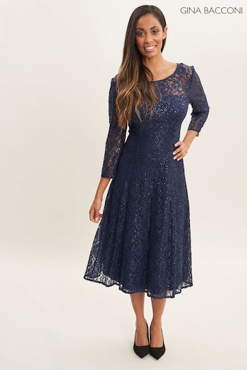 Gina Bacconi Blue Elianna Midi-Length Sequin Lace 3/4 Sleeve Cocktail Dress (Q85410) | £270