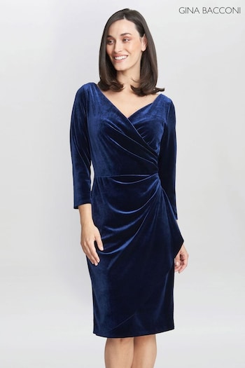 Gina Bacconi Blue Zoe Velvet Wrap Dress (Q85426) | £240