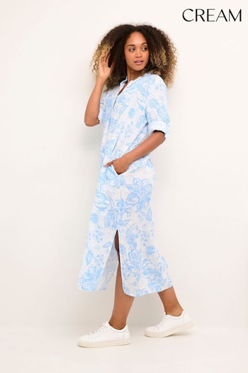 Cream Blue Bellis Long Sleeve Midi Dress (Q85459) | £80