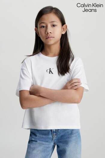 Calvin push Klein Jeans White Logo Boxy T-Shirt (Q85540) | £23