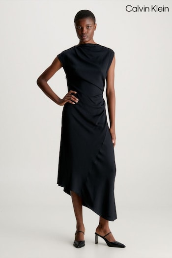 Calvin Braun Klein Crepe Draped Black Midi Dress (Q85556) | £300