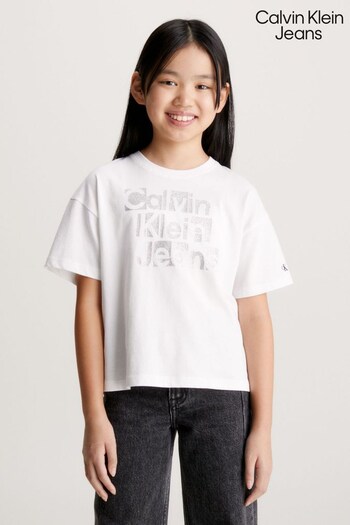 Calvin Klein Jeans White Metallic Logo Boxy T-Shirt (Q85585) | £27