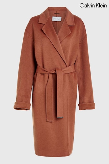 Calvin Womens Klein Wool Belted Wrap Brown Coat (Q85602) | £500