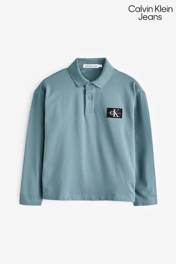 Calvin knit Klein Jeans Blue Pique Long Sleeve Polo Shirt (Q85630) | £50