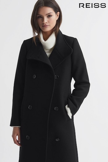 Reiss Black Blair Petite Wool Blend Double Breasted Long Coat (Q85772) | £378