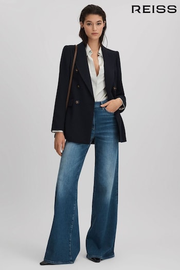 Reiss Navy Lana Petite Tailored Textured Wool Blend Double Breasted Blazer (Q85791) | £298