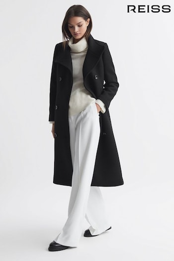 Reiss Black Blair Wool Blend Double Breasted Long Coat (Q85797) | £378
