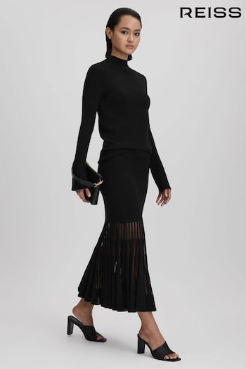Reiss Black Tilly Knitted Sheer Flared Midi Skirt (Q85799) | £188