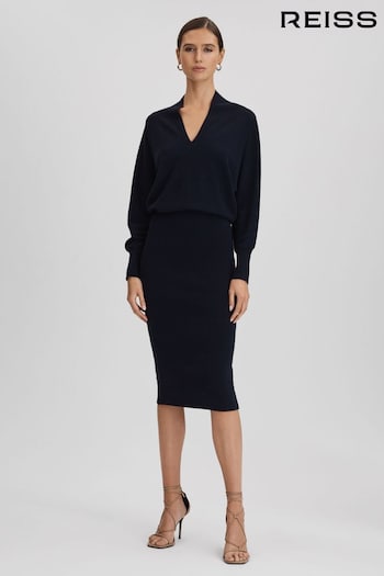 Reiss Navy Sally Wool Blend Midi Dress (Q85816) | £188