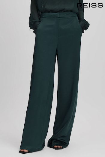 Reiss Green Lula Satin Wide Leg Trousers (Q85818) | £168