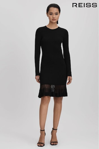 Reiss Black Teagan Knitted Sheer Flared Mini Dress (Q85821) | £188