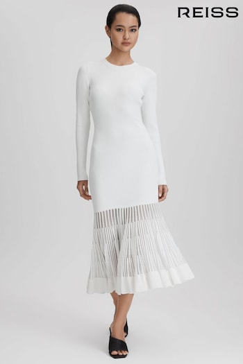Reiss Cream Tasmin Knitted Sheer Flared Midi Dress (Q85822) | £268