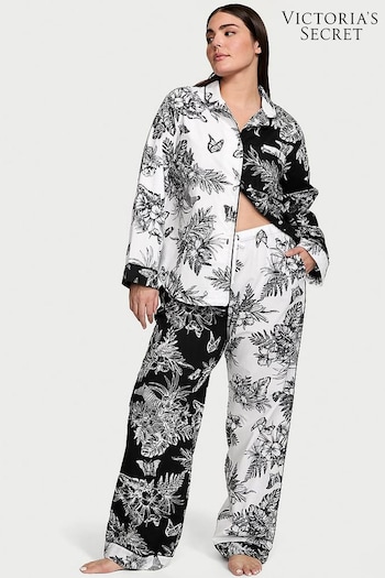 Victoria's Secret Black & White Tropical Toile Cotton Long Pyjamas (Q85877) | £59