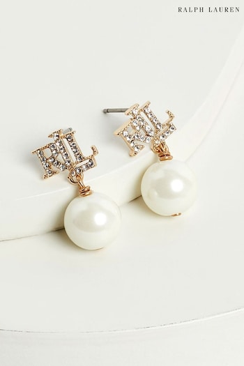 Lauren Ralph Lauren Gold & Crystal Logo Pearl Drop Earrings (Q85952) | £40