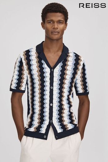 Reiss Blue Multi Waves Knitted Cuban Collar Shirt (Q86049) | £128