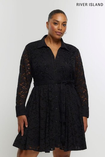 River Island Black Plus Beaded Lace Shirt Dress (Q86315) | £53
