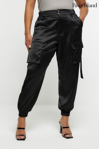 River Island Black Plus Pocketed Cuffed Satin Cargo Trousers (Q86325) | £50