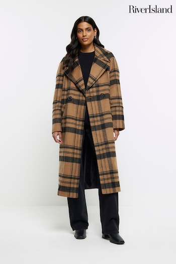 River Island Brown Oversized Check Double Breasted Coat (Q86361) | £90