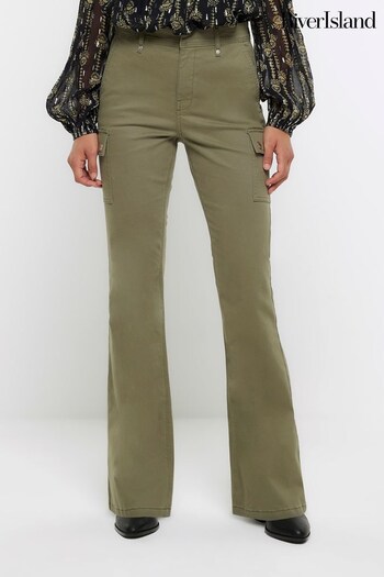 River Island Green Mid Rise Pocketed Cargo Flare Jeans (Q86365) | £48