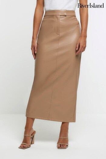 River Island Brown Petite Column Tailored PU Skirt (Q86376) | £40