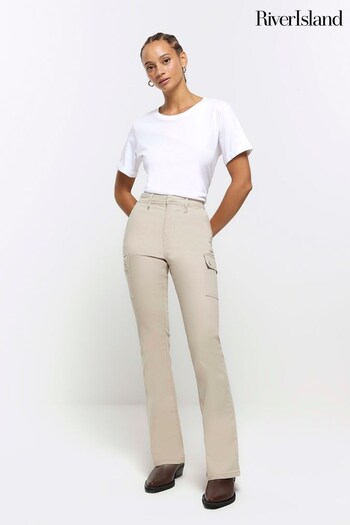 River Island Cream Mid Rise Pocketed Cargo Flare Sport Jeans (Q86377) | £48
