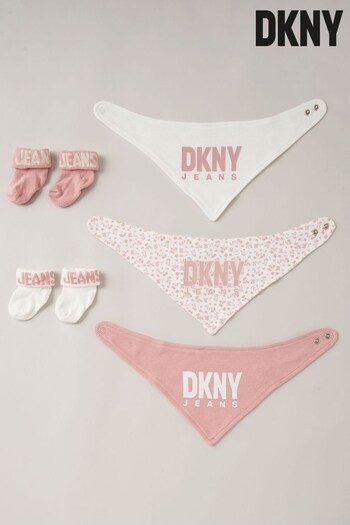DKNY Jeans Pink Cotton Blend Bib and Socks 5-Piece Baby Gift Set (Q86542) | £16