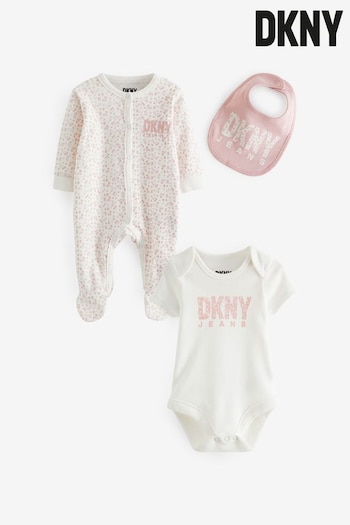 DKNY Jeans Pink Cotton Sleepsuit, Bodysuit and Bib Baby Gift Set (Q86573) | £28