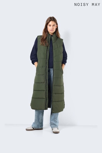 NOISY MAY Green Maxi Length Padded Quilted Collarless Gilet (Q86650) | £48