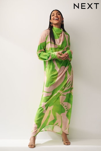 Green/Pink Swirl Print Long Sleeve Scarf Neck Midi Dress (Q86651) | £80