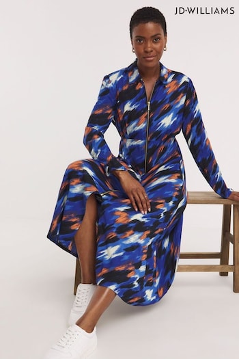 JD Williams Blue Print Long Sleeve Zip Front Shirt Dress (Q86695) | £40