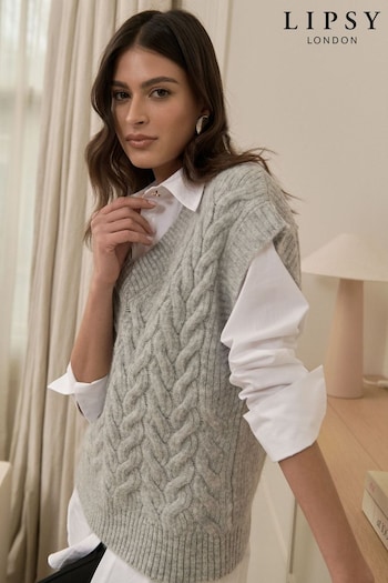 Lipsy Grey Petite Longline Cable Knitted Sleevless Jumper (Q86773) | £36