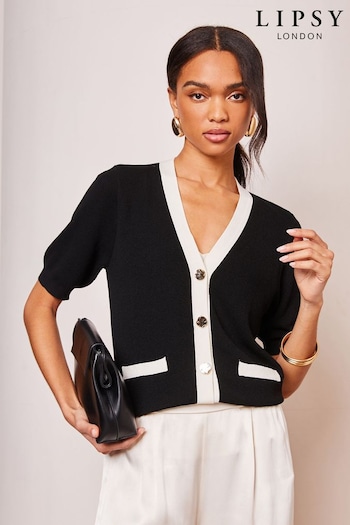 Lipsy Black/White Tipped Short Sleeve Button Through Top (Q86792) | £35