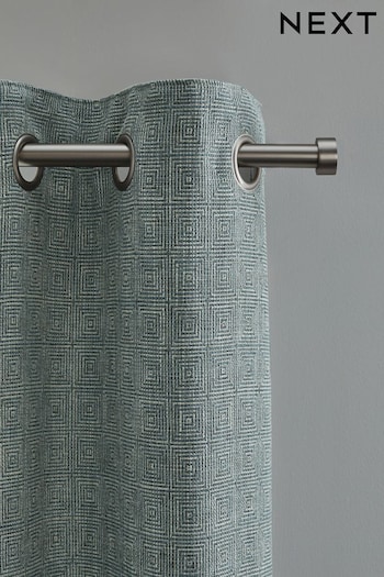 Blue Woven Geometric Eyelet Lined Curtains (Q86884) | £70 - £160