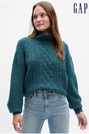 Gap Teal Relaxed Forever Cosy Turtle Neck Cable Knit Jumper (Q87247) | £30